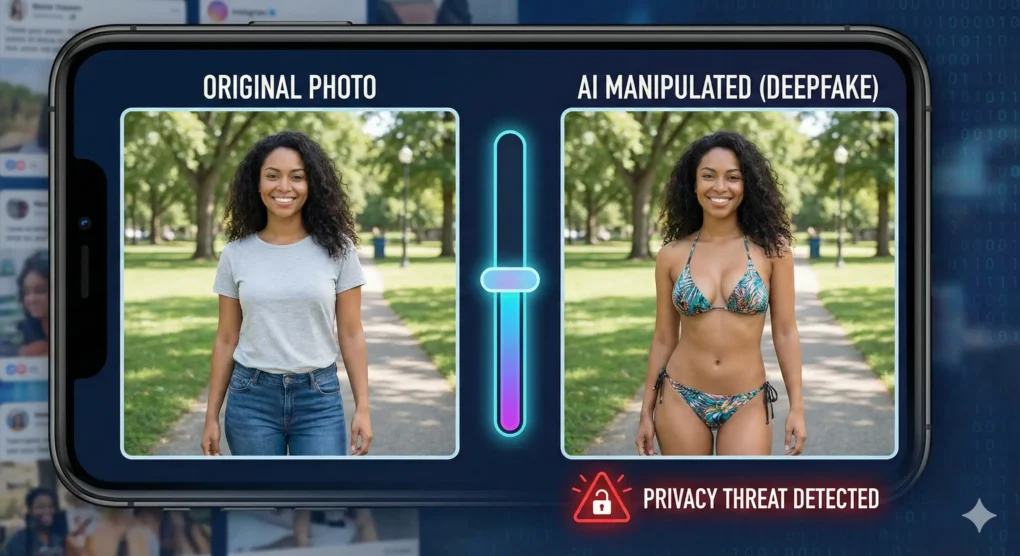 Ilustrasi layar ponsel pintar yang terbagi dua, membandingkan foto asli seorang wanita berpakaian kasual di sebelah kiri ("ORIGINAL PHOTO") dengan foto yang dimanipulasi AI di sebelah kanan ("AI MANIPULATED (DEEPFAKE)") di mana wanita yang sama terlihat mengenakan bikini. Sebuah penggeser digital memisahkan kedua gambar, dan ikon peringatan merah dengan gembok terbuka bertuliskan "PRIVACY THREAT DETECTED" berkedip di bagian bawah.
