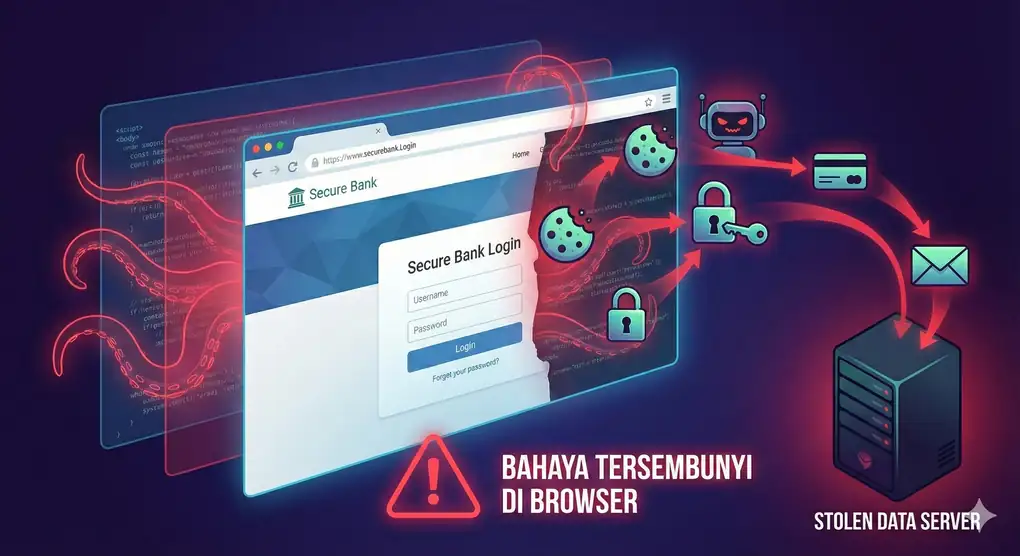 Ilustrasi 3D keamanan siber yang menampilkan tangan digital atau bayangan hacker mengambil data sensitif seperti 'cookies' dan ikon kunci dari jendela browser web yang terbuka, merepresentasikan pencurian data sesi (session hijacking) dan ancaman ekstensi berbahaya.